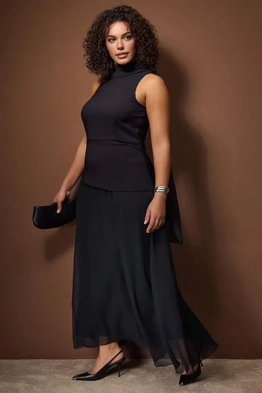 High Neck Sleeveless Maxi Dress with Draped Sheer Skirt - WOVCOR