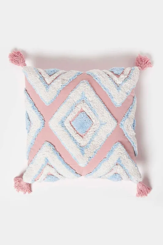 Geometric Ikat Tufted Cotton Cushion with Tassels - Homescapes