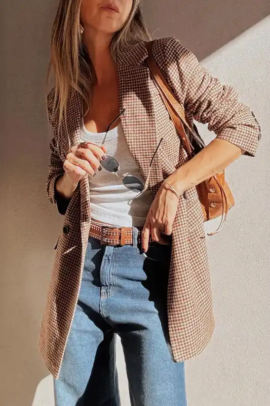 Elegant Houndstooth Patterned Classic Blazer For Sophisticated Style - Everyday The Label