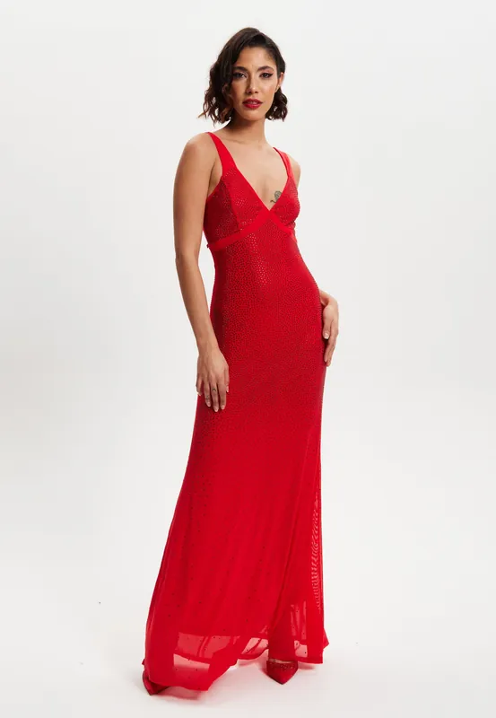 Red Sequin Maxi Dress With Open Back Detail - Liquorish