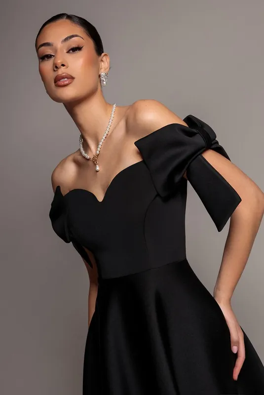 Bardot Plunge Neck Bow Sleeve A Line Midi Dress - Goddiva