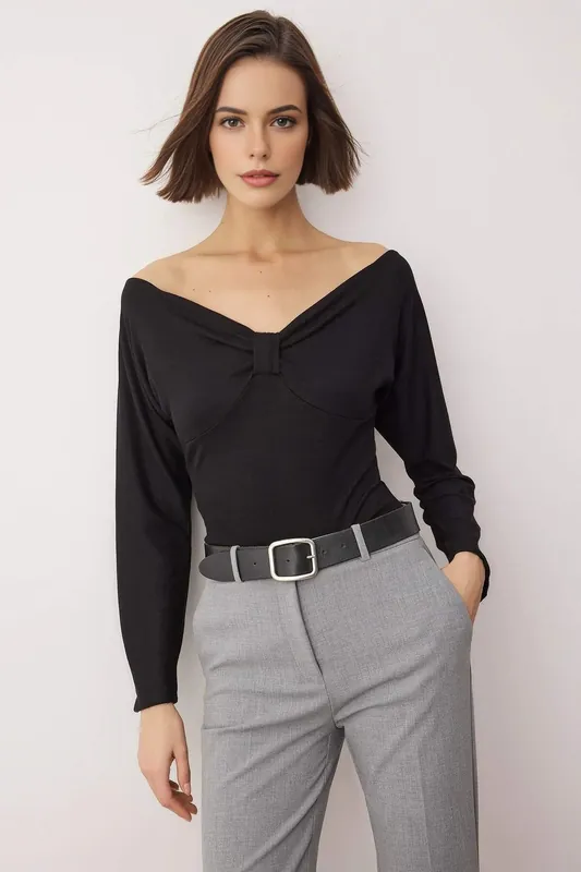 Fitted Draped Knit Long Sleeve Blouse with Off-Shoulder Neckline