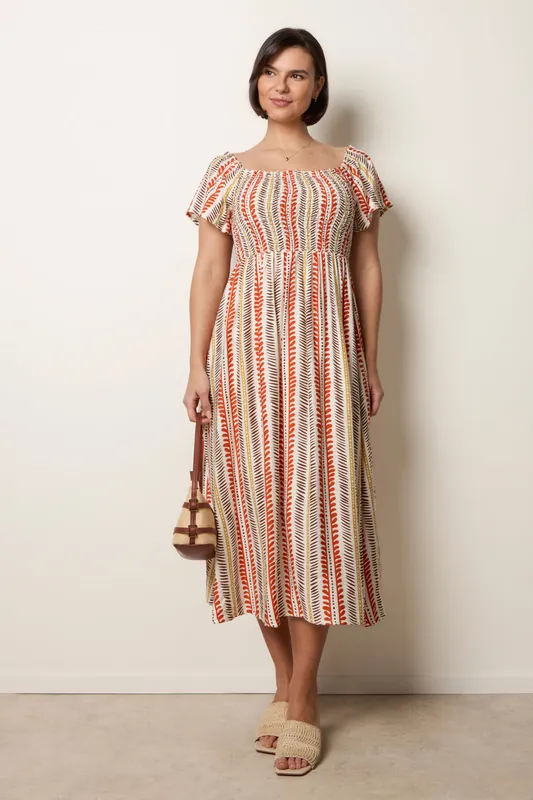 Orange Short Sleeve Shirred Waist Abstract Print Dress - Blue Vanilla