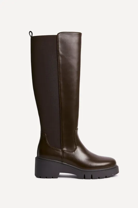 Hyland Brown Faux Leather High Leg Wedge Boot - Linzi
