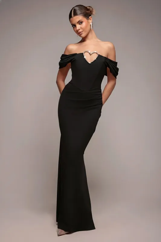Diamante Heart Trim Evening Maxi Dress - Goddiva