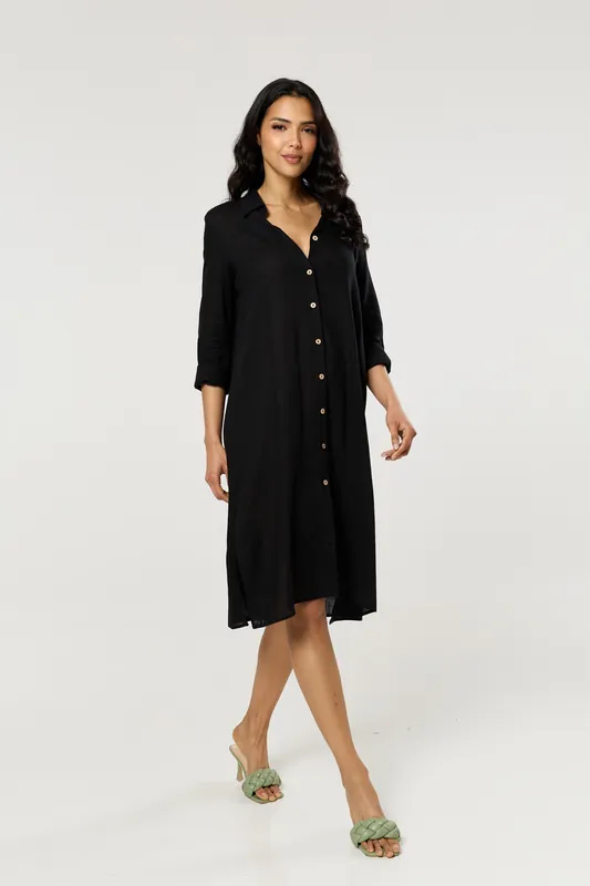 Black Linen Blend Midi Dress - Liquorish