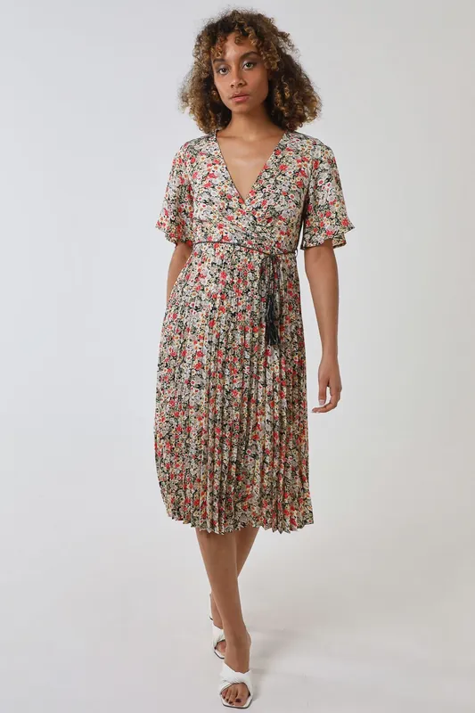 Wrap Front Pleated Hem Dress With Angel Sleeves - Blue Vanilla