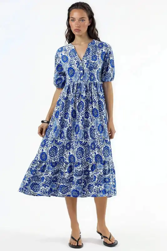 Floral Crepe Midi Dress with Three Quarter Sleeves - Busem