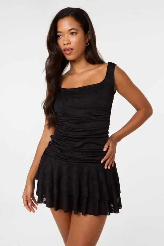 Black Jersey Jacquard Square Neck Mini Dress - Pink Vanilla