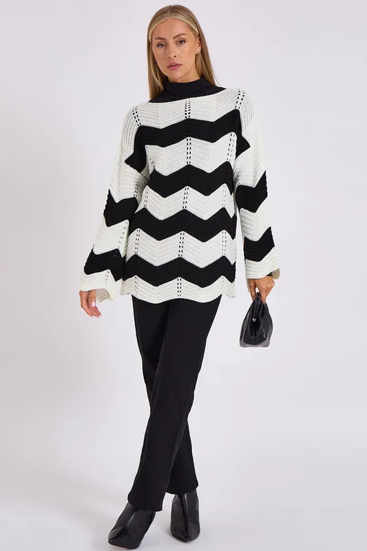 Black & Cream Wave Knit Oversized Jumper - Gini London