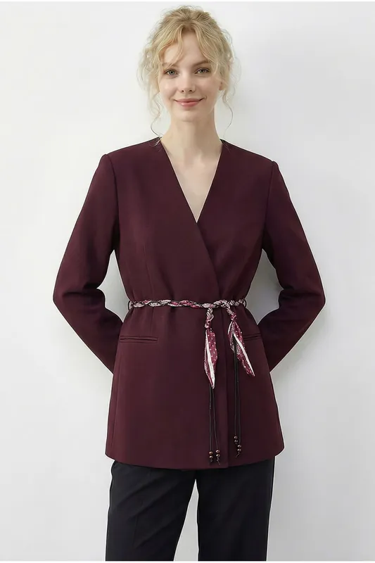 V-Neck Belted Blazer Jacket