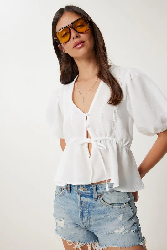 V-Neck Short Sleeve Lace Blouse with Drawstring