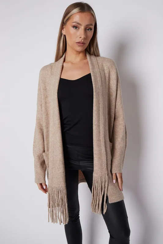 Fringed Tassel Cardigan with Shawl Collar - Aftershock London