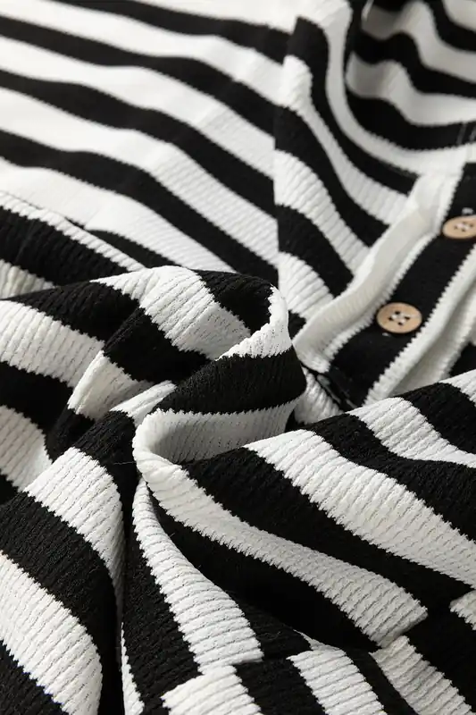 Black White Oversized Striped Henley Buttons Dolman Sleeve Hooded Top - Everyday The Label