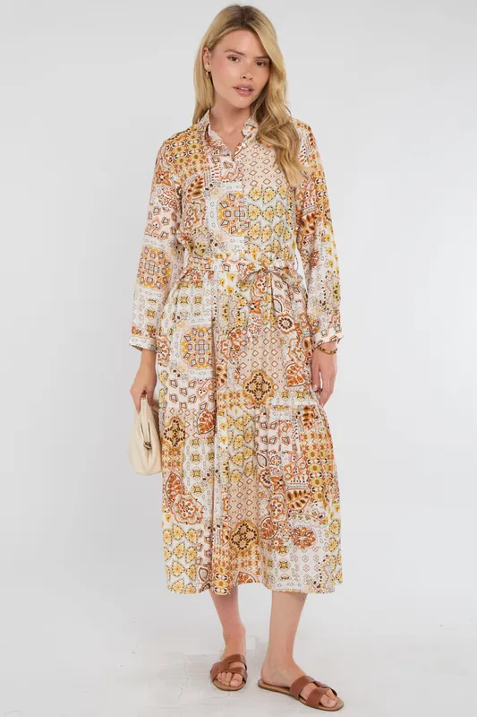 Golden Sunset Patchwork Print Shirt Dress - Love Sunshine