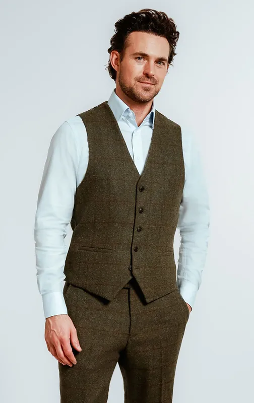 Green Windowpane Check Tweed Waistcoat - Dobell