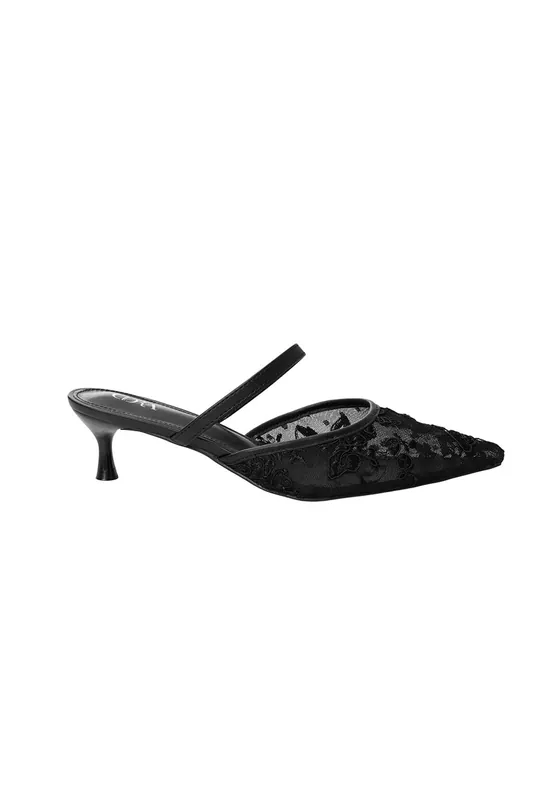 Lace Mesh Pointed Toe Heeled Mules Sandals - MODISHION