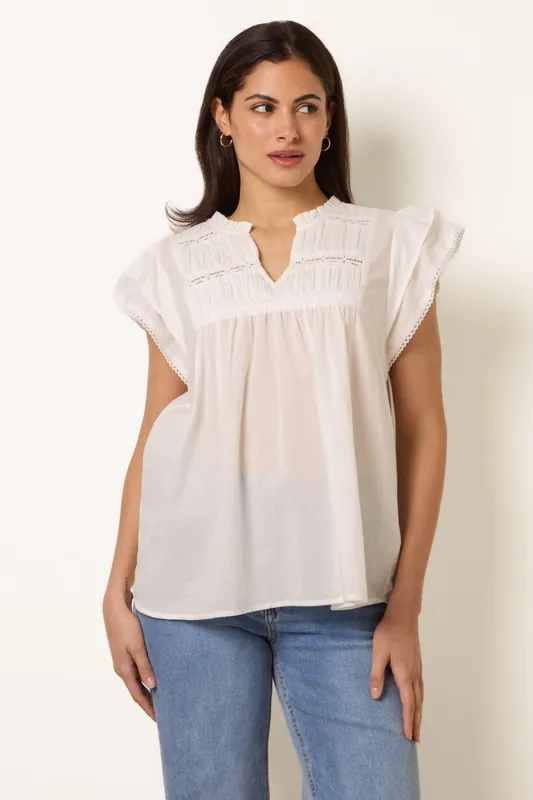 Ivory Cotton Embroidery Detail Ruffle Sleeve Top - Blue Vanilla