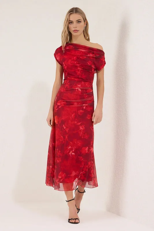 Floral Mesh Bardot Midi Dress with Draped Detail - WOVCOR