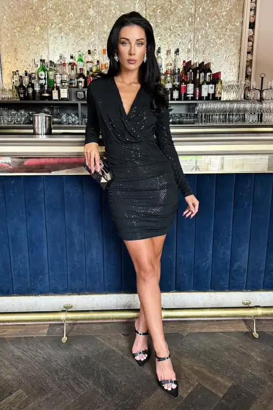 Black Sequin Long Sleeve Wrap top Ruched Mini Dress - AX Paris
