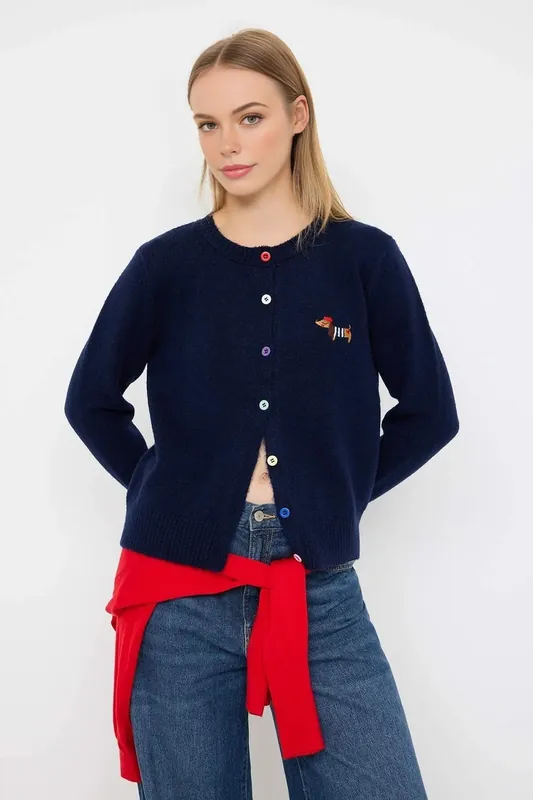 Crew Neck Embroidered Knit Cardigan with Button Detail - WOVCOR