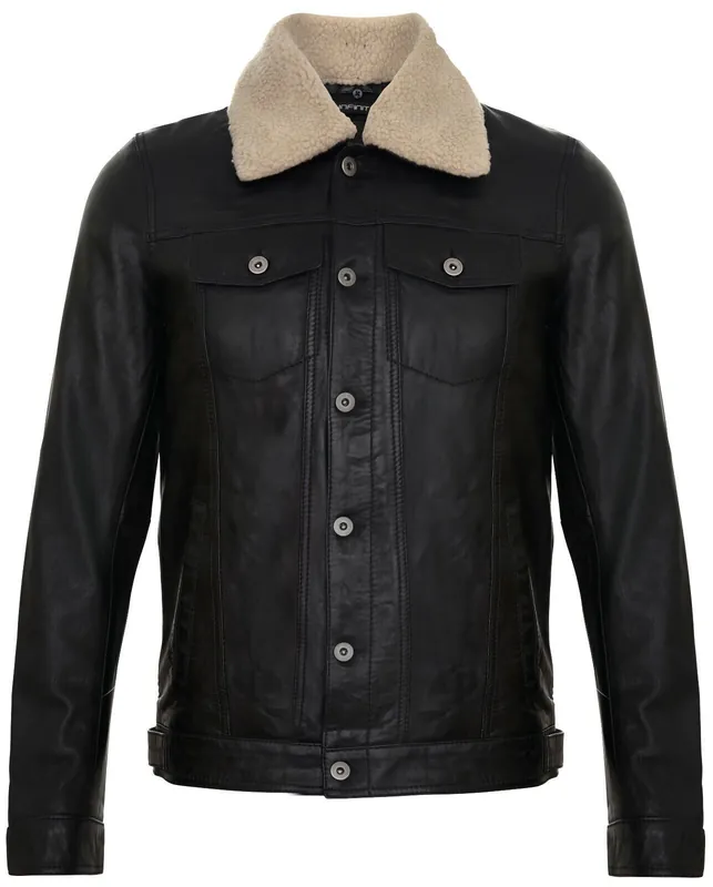 Removable Collar Leather Trucker Jacket-Zagreb