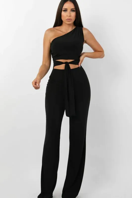 Tie Front Slinky Wide Leg One Shoulder Jumpsuit - Femme Luxe