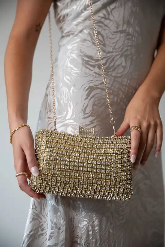 Gold Diamante Clutch With Round Handle - SVNX