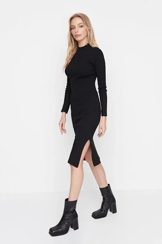 Midi Ribbed Knit Pencil Dress With Side Slit - WOVCOR