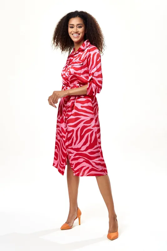 Pink and Red Zebra Print Midi Shirt Dress - Liquorish