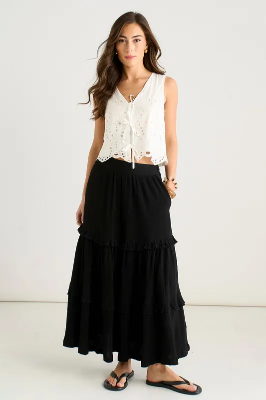 Black Tiered Cotton Skater Maxi skirt - Gini London