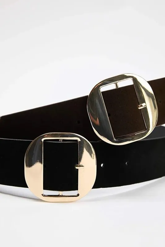 Gold Circle Buckle Faux Suede Dual Tone Belt Set - WOVCOR