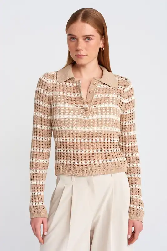 Striped Polo Collar Button Knit Sweater - Dilvin