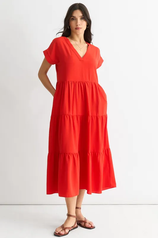 Red V Neck Pocket Smock Midi Dress - Gini London