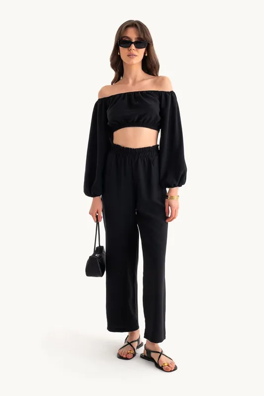 Off Shoulder Balloon Sleeve Crop Top & Straight Trousers Coord - Hiccup