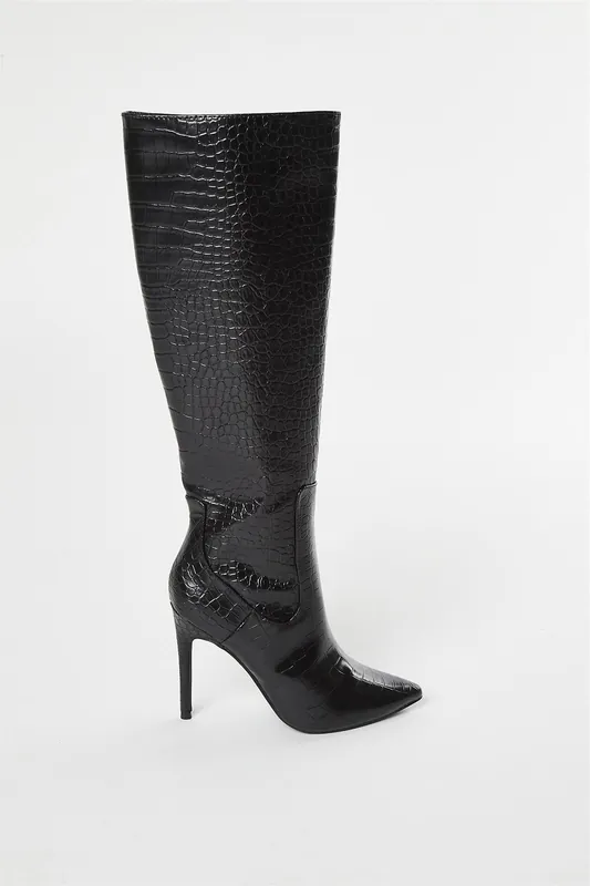 Black Croc Knee High Boot - Shnoo