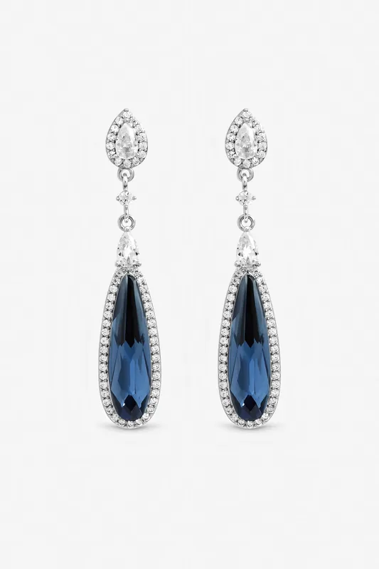 Silver Plated Crystal and Sapphire Drop Earrings - Jon Richard