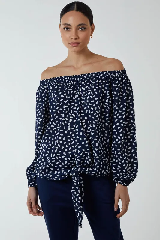 Off Shoulder Print Top With Tie - Blue Vanilla