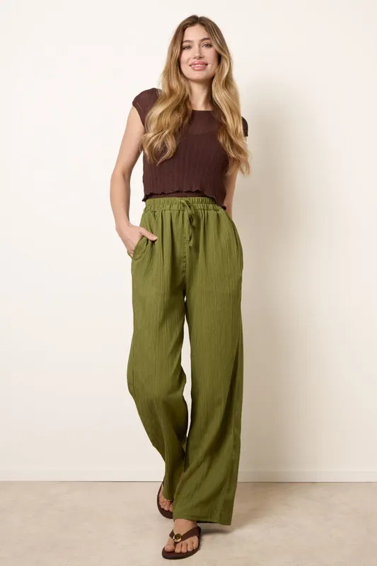 Khaki Drawstring Wide Leg Trousers - Blue Vanilla