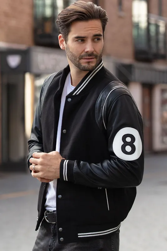 8' Wool and Real Leather Baseball Jacket with Striped Collar - Ashwood Leather