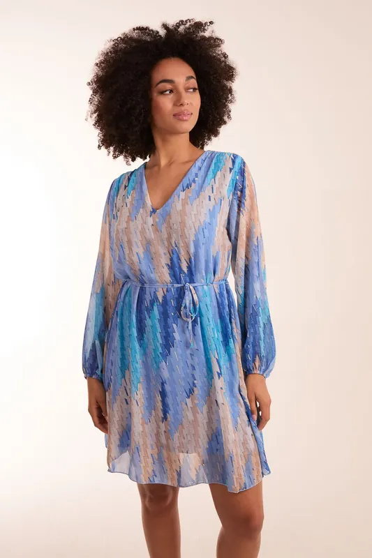 Zig Zag Printed Belted Dress - Blue Vanilla