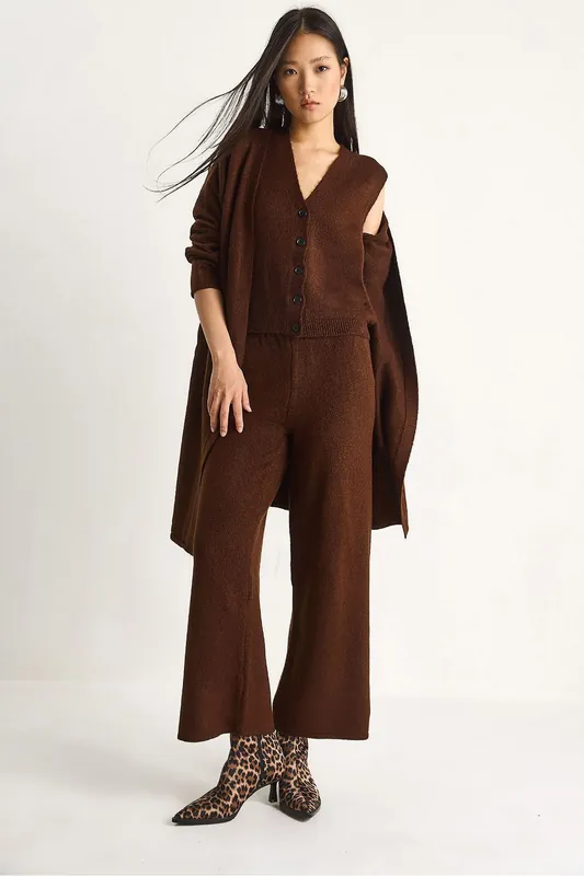 Knit Cardigan-Vest-Pants Three-Piece Coord Set