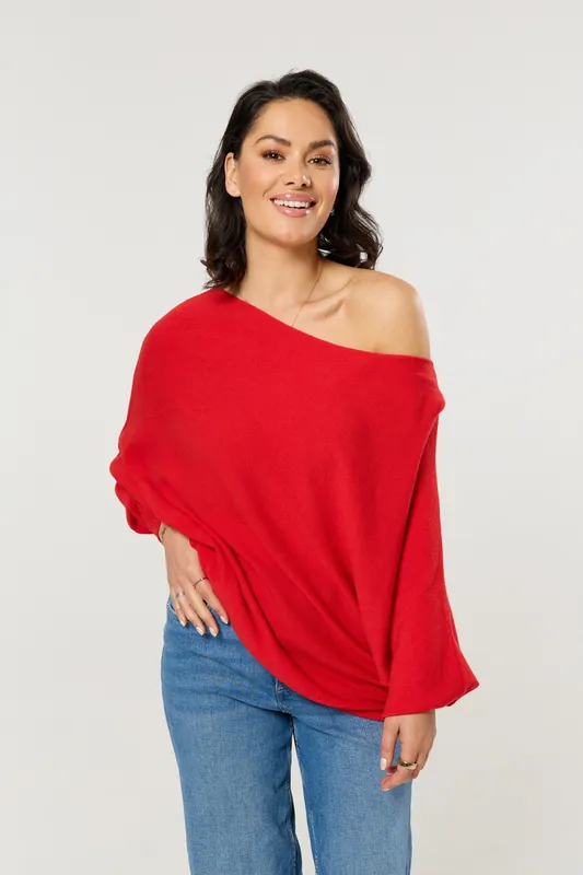 Red Wool Blend Off Shoulder Batwing Knit Jumper - Liquorish