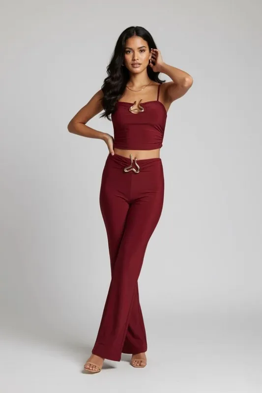 Buckle Detail Strappy Top and Wide Leg Trouser Co-ord Set