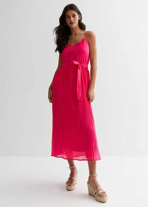 Pink Cami Top Pleated Midi Dress - Gini London