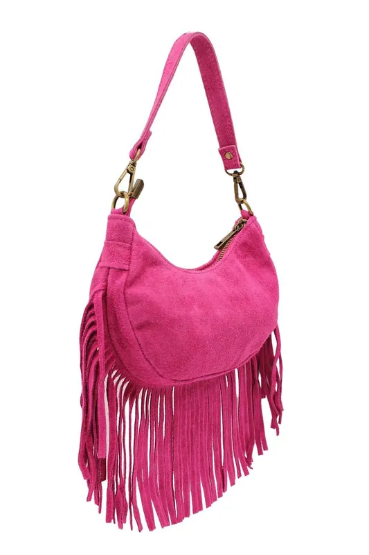 Small Italian Genuine Suede Fringed Crossbody Bag WIth Detachable Handle and Strap - Kitise