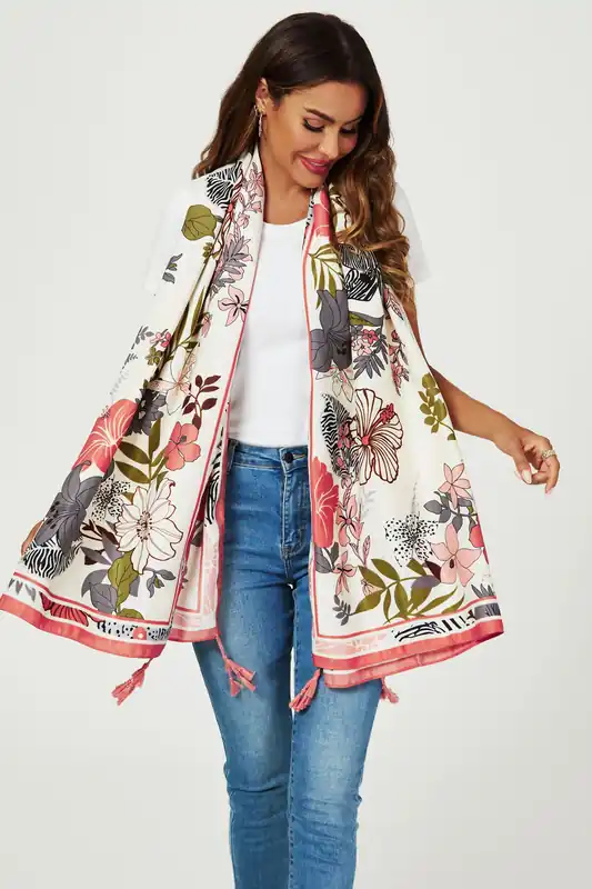 Tropical Floral Print Tassel Scarf In Pink - FS Collection