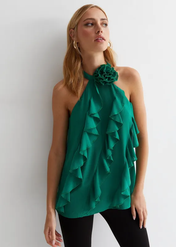 Green Ruffle Detail Halter Neck Top - Gini London