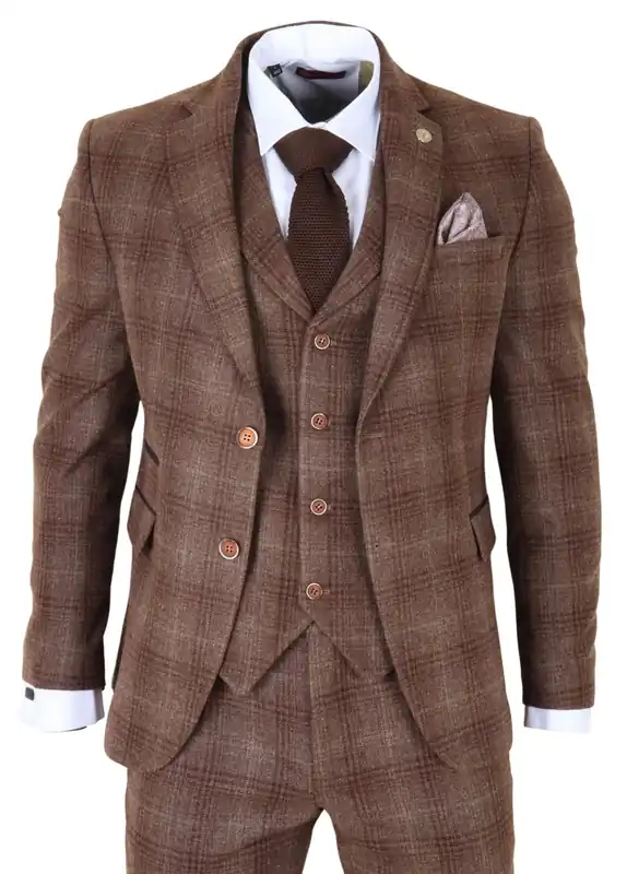 Men's Formal Tweed 3 Piece Check Vintage Gatsby Style Suit - Infinity Leather