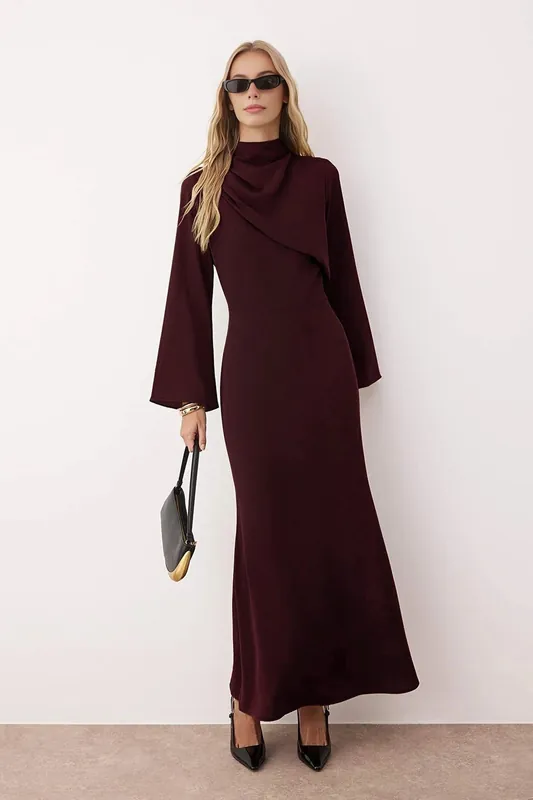 High Neck Draped Detail Elegant Maxi Dress with Flared Sleeves - WOVCOR